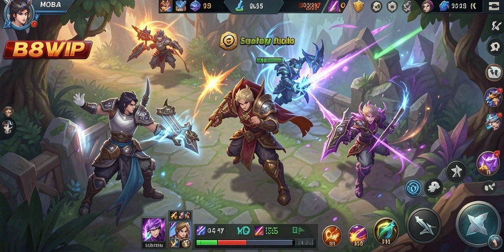 Tampilan gameplay B8VIP dengan aksi seru di arena MOBA.