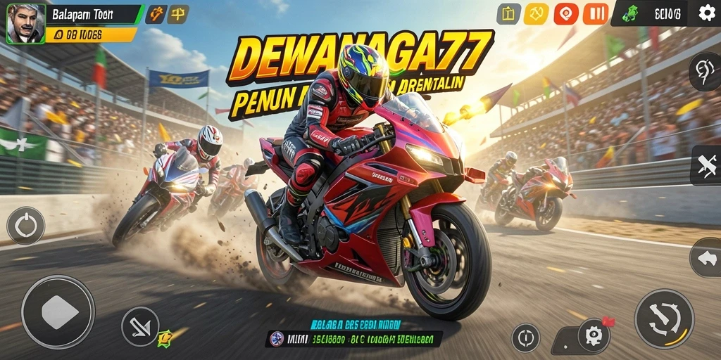 Screenshot gameplay DEWANAGA77 menampilkan aksi balapan motor yang mendebarkan.