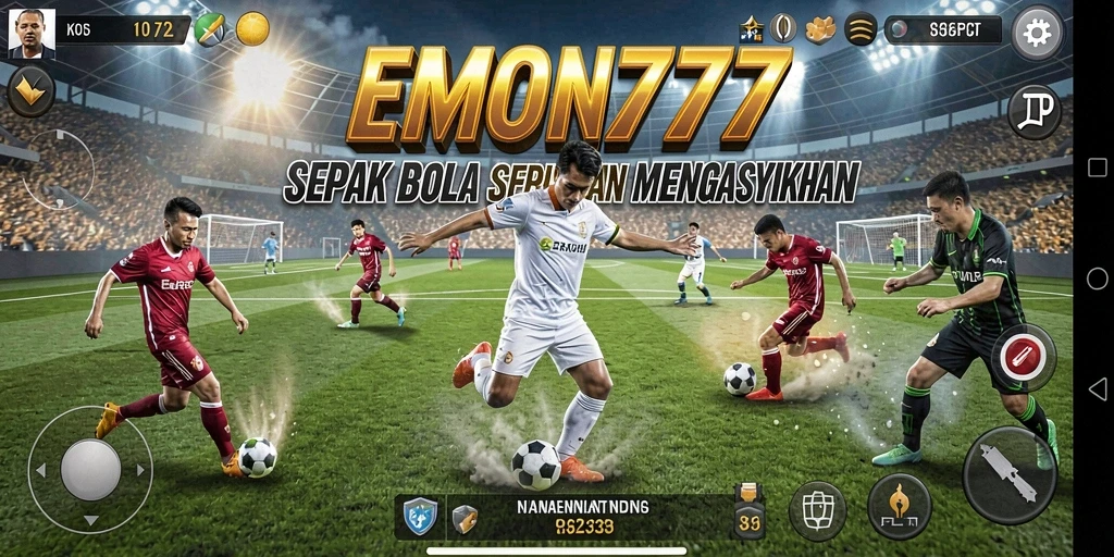 Tangkapan layar game EMON777 yang menampilkan aksi sepak bola intens.