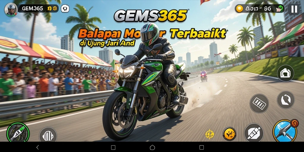 Gameplay seru GEMS365 dengan balapan motor yang mendebarkan.