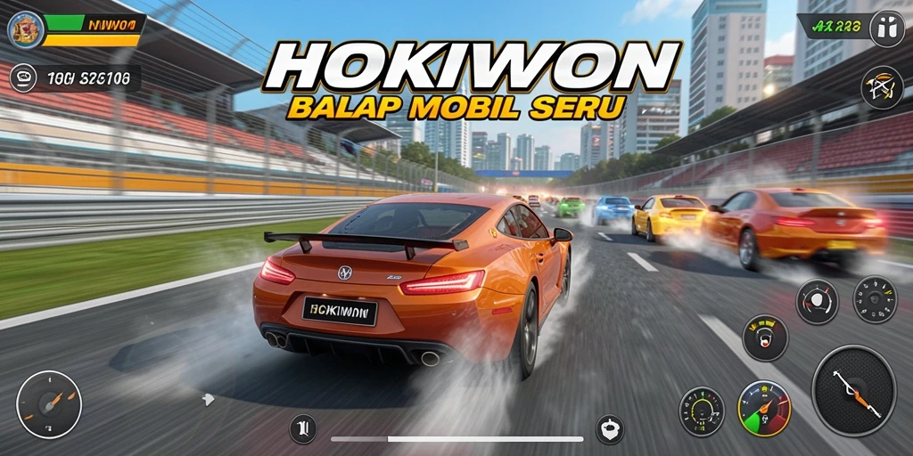 Tampilan gameplay seru di HOKIWON dengan aksi balap yang mendebarkan.