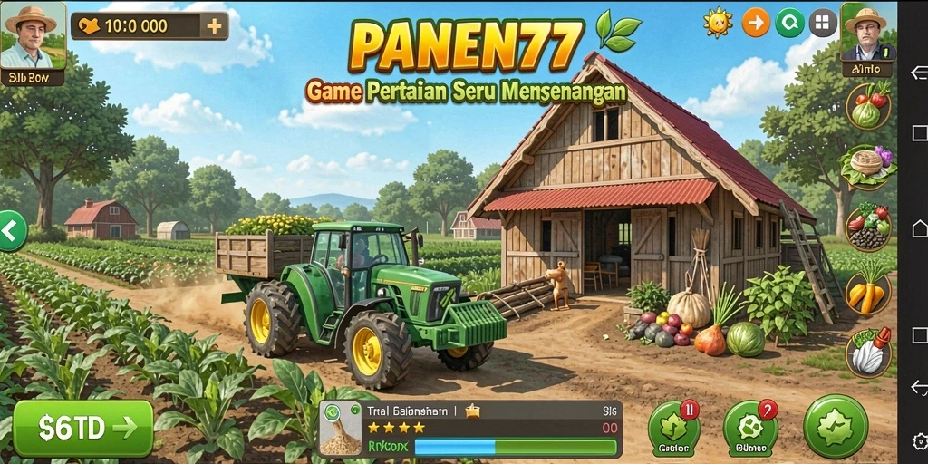 Screenshot utama PANEN77 menampilkan petani yang sedang memanen hasil tanamannya.