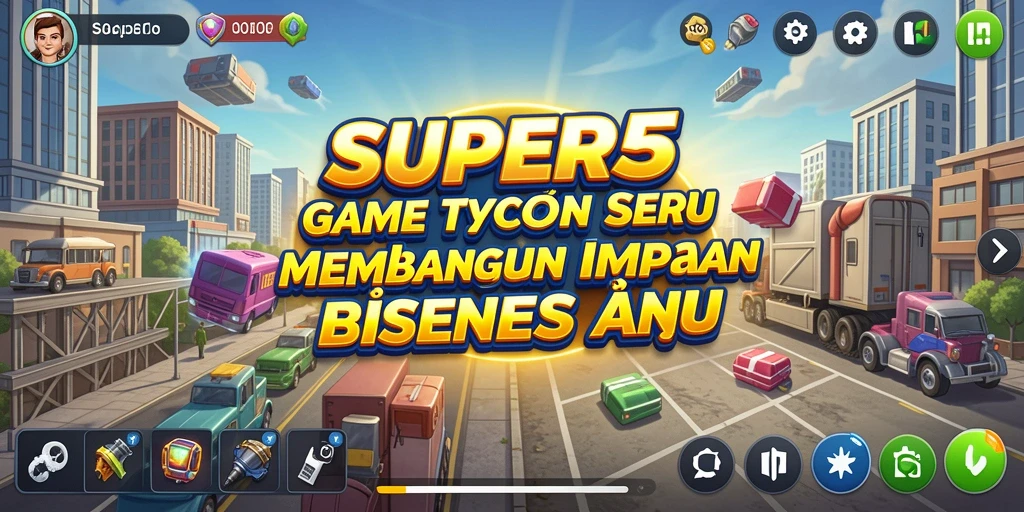 Tampilan gameplay <strong>SUPER5</strong> menunjukkan berbagai aspek manajemen bisnis yang menarik.